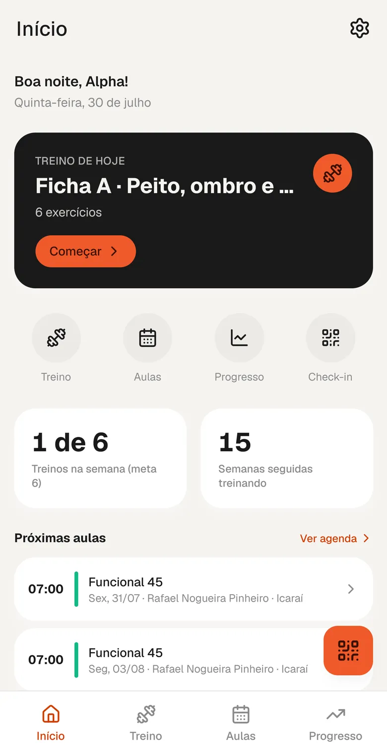 Tela inicial do app do aluno, com o treino do dia e as próximas aulas